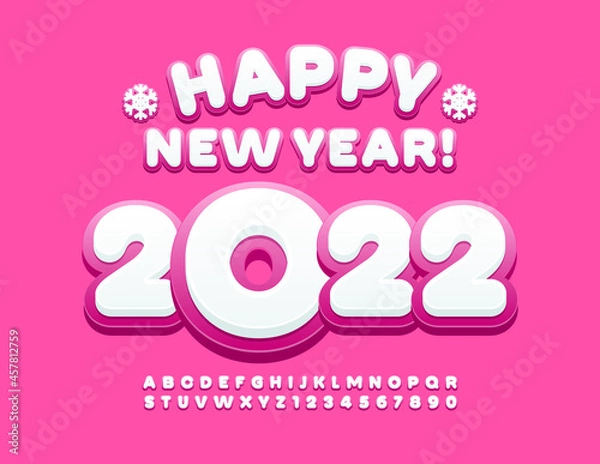 Fototapeta Vector lovely Greeting Card Happy New Year 2022! Pink and White cute Alphabet Letters and Numbers set. Modern style Font