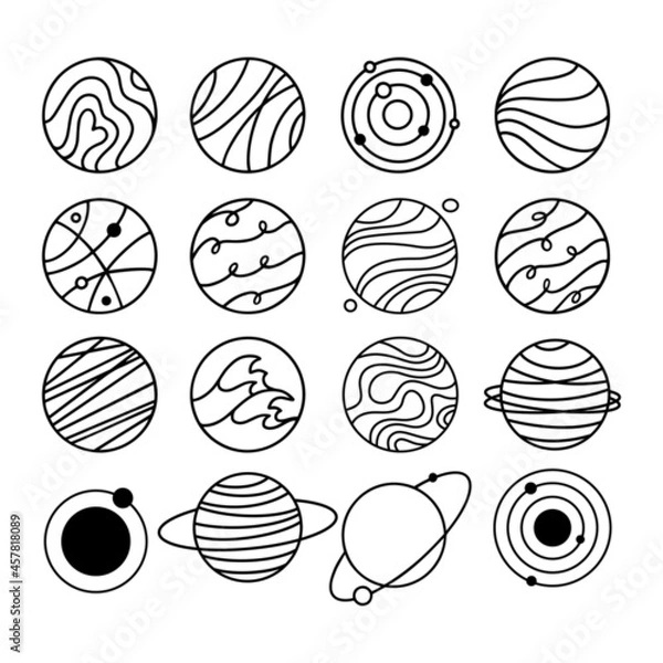 Fototapeta Set of planets flat icons. Logo, pictogram, sign, symbol of space. Universe, galaxy concept. Vector hand drawn stock illustration. Outline
