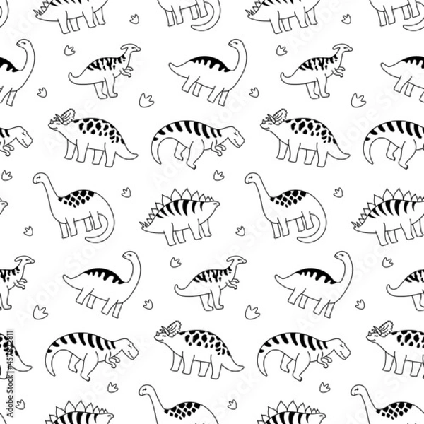 Obraz Black and white contour dinosaurs. seamless pattern