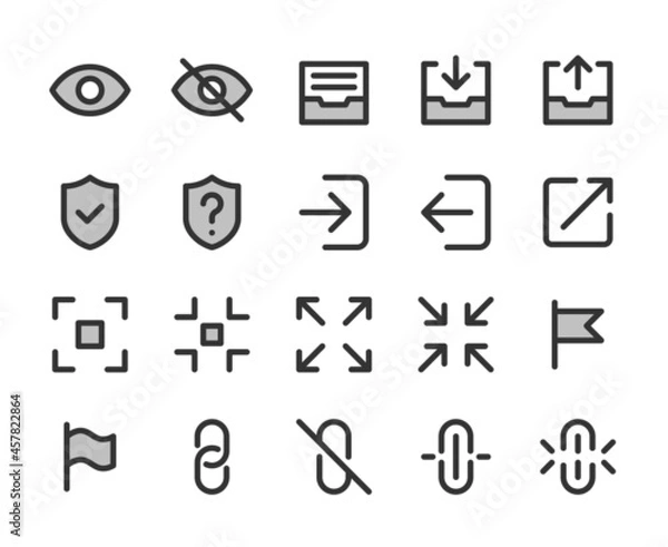 Obraz Collection of bicolor pixel-perfect line icons: User interface. Set #5.  Built on  base grid of  32 x 32  pixels. The initial base line weight is 2 pixels. Editable strokes