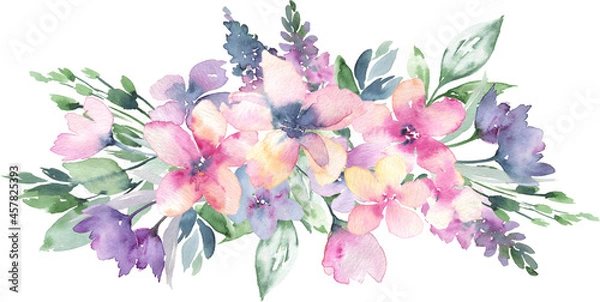 Fototapeta Watercolor wreath frame with delicate abstract flowers
