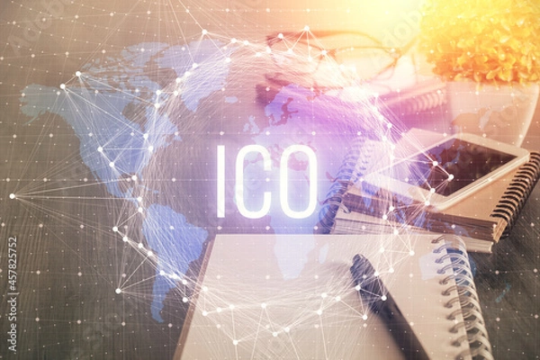 Fototapeta Double exposure of blockchain theme drawing and cell phone background. Concept of cryptomarket