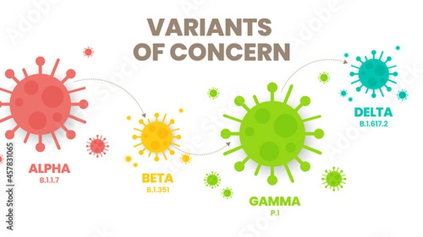 Fototapeta Illustrator vector of the COVID-19 virus's new Variants of Concern (VOC). A “variant” is mutated version of the original virus. Colorful infographic of the variations : Alpha, Beta, Gamma and Delta.