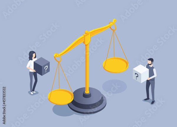 Fototapeta isometric vector illustration on gray background, vintage scales and a man with a woman holding cubes with a question mark, justice or equalization in rights, weight measurement