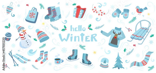 Obraz Winter elements set with snowman, gifts, ice skates, and warm wear. Isolated on white.