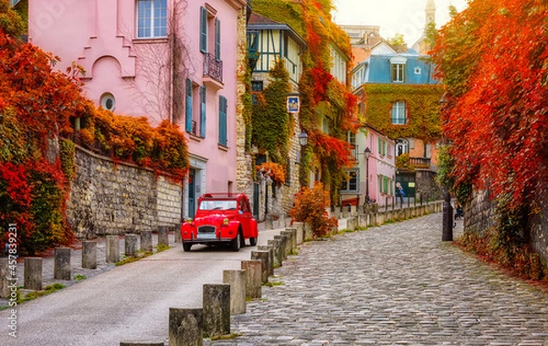 Obraz Cozy street in quarter Montmartre in Paris, France. Architecture and landmarks of Paris. Postcard of Paris