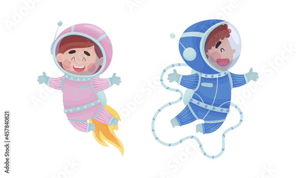 Fototapeta Little Kid Astronaut Wearing Spacesuit Exploring the Moon Vector Set