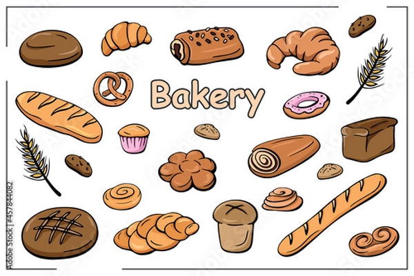 Obraz Color set of hand-drawn bread and bakery in line style. Vector illustration. Pretzel, croissant, bagel, baguette, bun, cake, poppy roll, cookie, biscuit, strudel, cupcake, muffin, donut