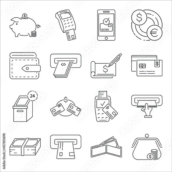 Fototapeta Set of money related vector line icons.