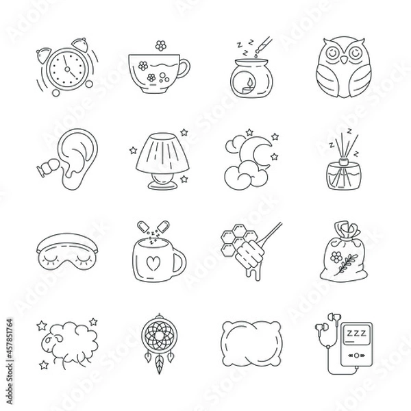 Fototapeta Sleep and insomnia icons isolated. Collection of thin line symbols of sleep.