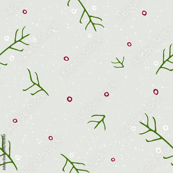 Fototapeta Winter seamless pattern. Christmas elements in traditional colors. Hand drawn branch with berries