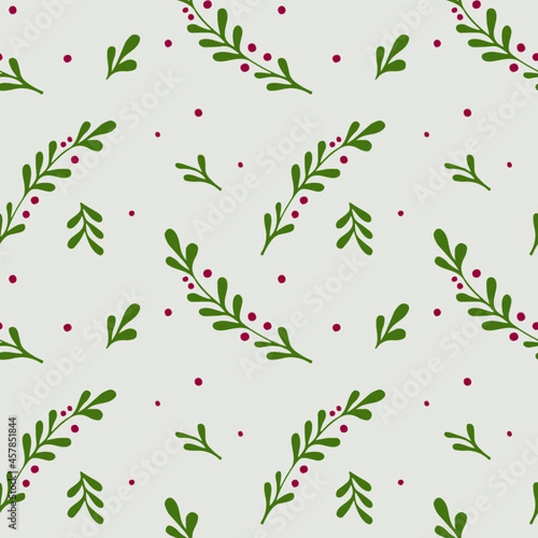 Fototapeta Winter seamless pattern. Christmas elements in traditional colors. Hand drawn branch with berries