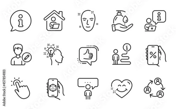 Fototapeta People icons set. Included icon as Work home, Health skin, Edit person signs. Smile face, Idea, Touchpoint symbols. Discounts app, Consulting business, Like. Teamwork, Wash hands, 3d app. Vector