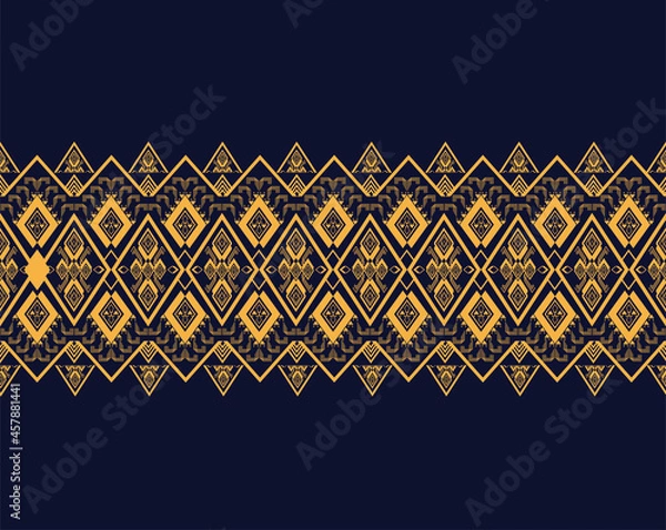 Fototapeta Geometric ethnic texture embroidery design with Dark Blue background design, skirt,wallpaper,clothing,wrapping,fabric,sheet, yellow triangle shapes Vector, illustration pattern.eps
