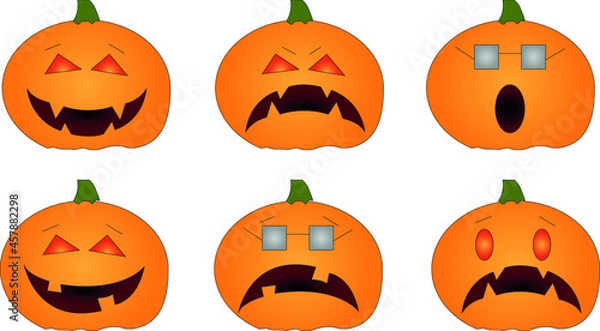 Fototapeta Halloween pumpkin vector 6 icons set, variation of emotions. Simple flat style design elements. Set of silhouette creepy horror pumpkin images.
