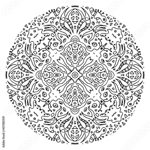 Fototapeta Strange mandala on a white background. Unusual creatures with long arms, eyes, alien animals. Doodle style drawing. Black outline. Decorative isolated drawing.