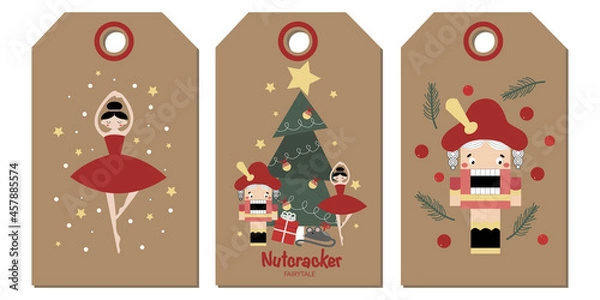 Fototapeta Vector set of christmas labels. Merry Christmas set of greeting cards with Nutcracker and ballerina, gifts, christmas tree, presents, gift box, fir