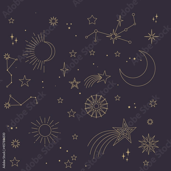 Fototapeta Astral elements vector design. Cosmic, celestial background. Stars, planets, sun, cosmos linear icons.