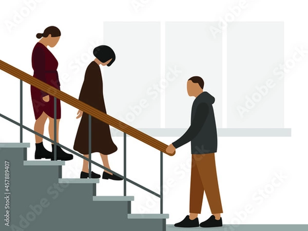 Obraz Two female characters with their heads bowed descend the stairs while a male character stands and waits