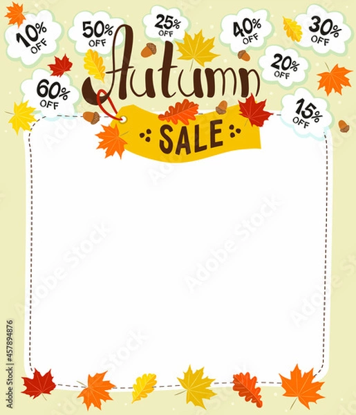 Fototapeta Autumn sale template. Logo with autumn leaves, yellow price tag and discount clouds. Vector illustration for banners, flyers, advertising campaigns. Advertising proposal form. White frame for text
