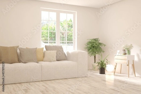 Fototapeta White living room with sofa and summer landscape in window. Scandinavian interior design. 3D illustration