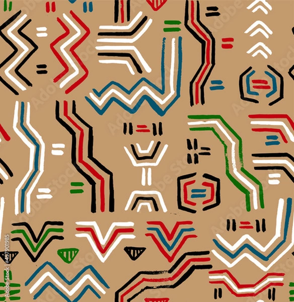 Fototapeta Modern Ethnic Mexican or American Indian Hand Drawn Vector Seamless Pattern. Poncho or Fabric Drawn with a Brush. Grunge Geometric Design for Wrapping Paper, Gift Cards etc.
