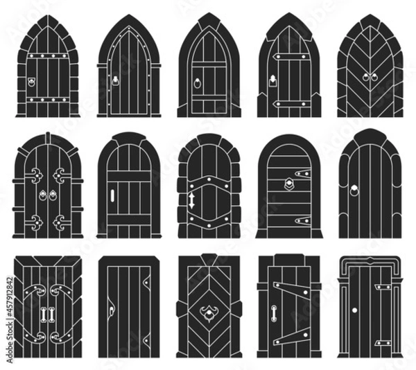 Fototapeta Medieval door vector black set icon. Vector illustration castle doors on white background. Isolated black set icon medieval door.