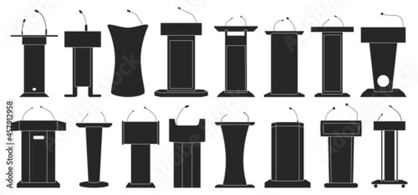 Fototapeta Tribunal of of podium black vector illustration on white background . Rostrum and podium set icon.Isolated vector illustration icon tribunal with microphone.