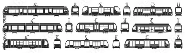 Fototapeta Tram vector black set icon. Vector illustration streetcar on white background. Isolated black set icon tram.