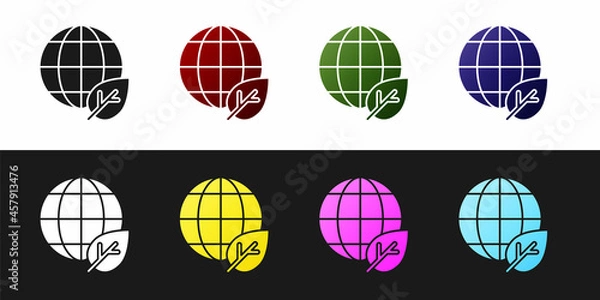 Fototapeta Set Earth globe and leaf icon isolated on black and white background. World or Earth sign. Geometric shapes. Environmental concept. Vector