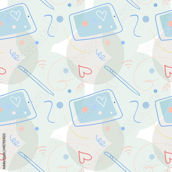 Obraz Tablet, pencil, lines vector background illustration. Seamless pattern with hand drawn hears.
