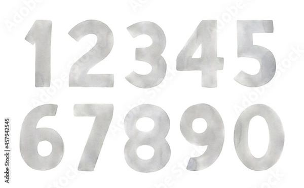 Obraz Watercolour illustration set of grey numbers with creative brush strokes and stains. Hand painted water color sketchy drawing on white background, isolated clip art elements for design decoration.
