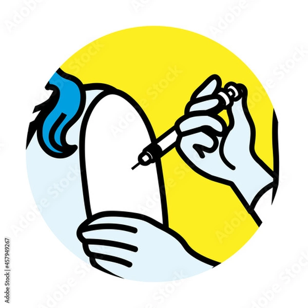 Fototapeta ワクチン接種　上腕と注射器のクローズアップ　円形アイコン