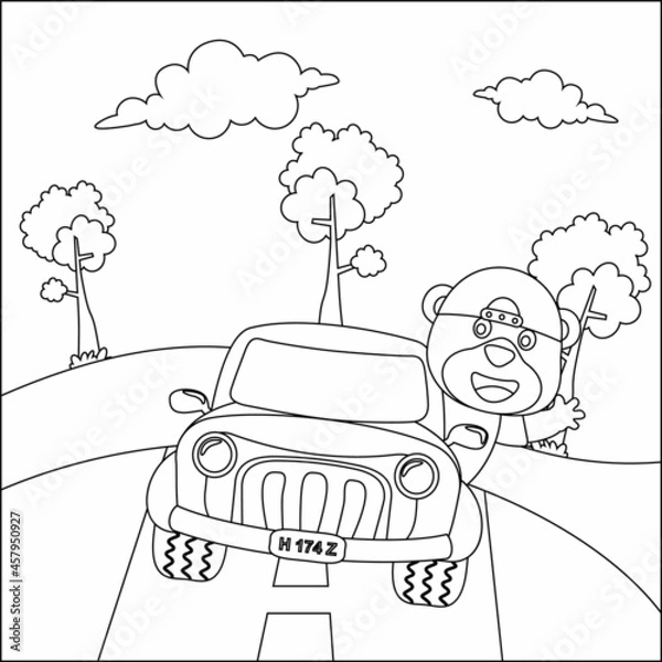 Obraz vector illustration of cute bear on a road trip car, Creative vector Childish design for kids activity colouring book or page.