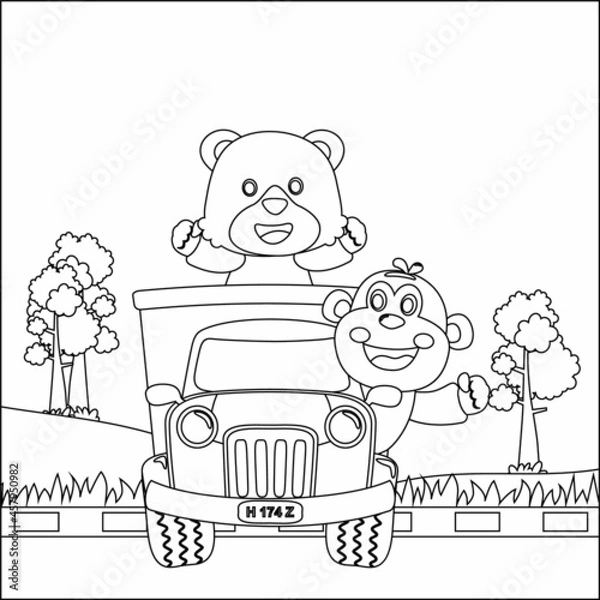Obraz vector illustration of cute monkey and bear on a road trip truck, Creative vector Childish design for kids activity colouring book or page.