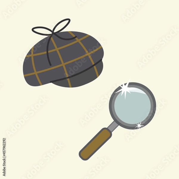 Fototapeta Vintage magnifying glass, and a sleuth detective cap. Isolated vector icons, on a muted yellow background. Private detective accessories, classic Sherlock Holmes paraphernalia.