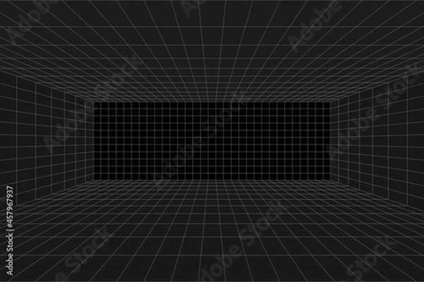 Obraz Grid perspective black room. Gray wireframe background. Digital cyber box technology model. Vector abstract architectural template