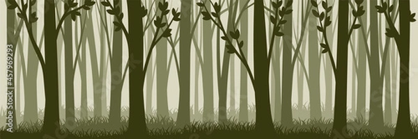 Obraz Tree Silhouette with Tall Trunk and Branched Top as Misty Forest Horizontal Backdrop Vector Illustration