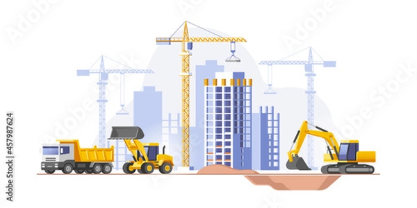 Fototapeta Construction site, building a house. Real estate business. Vector illustration.