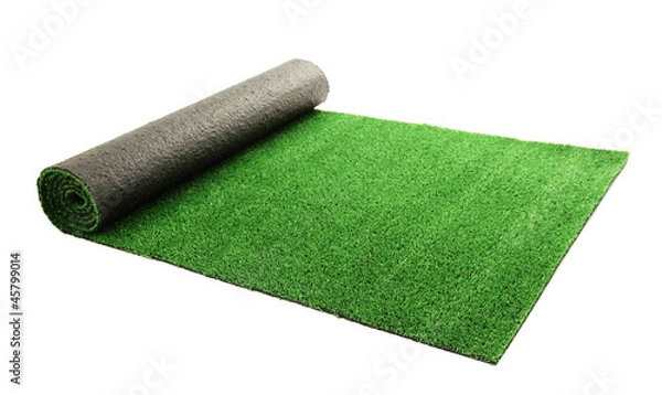 Fototapeta artificial rolled green grass, isolated on white