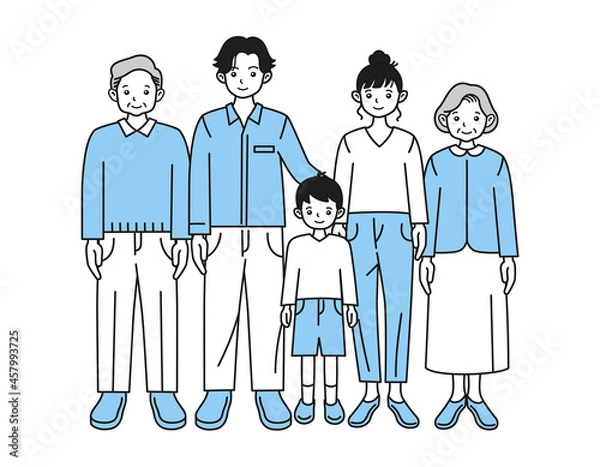 Fototapeta 夫婦と子供、祖父母の三世代　全身イラスト
