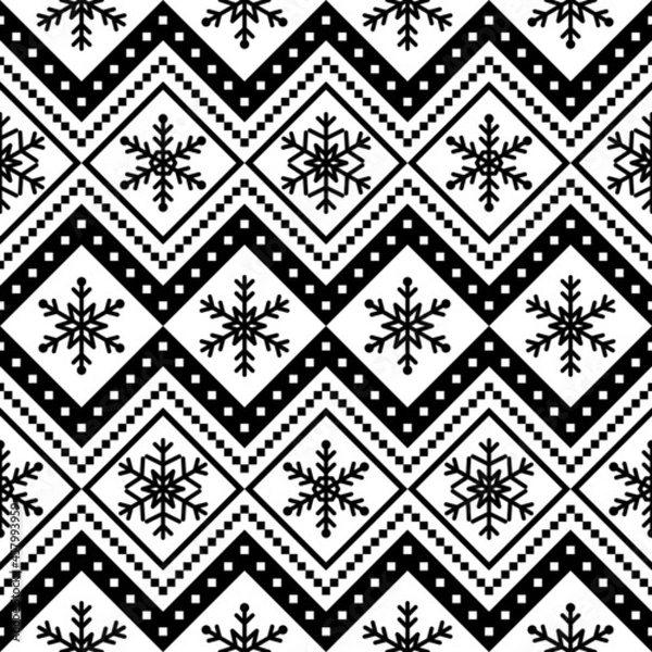 Fototapeta Holidays vector pattern, Christmas seamless pattern, winter pattern with snowflakes