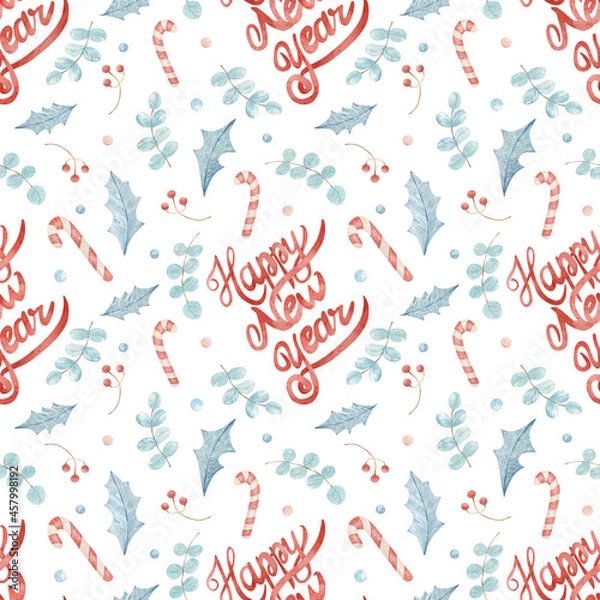 Fototapeta Hand-drawn seamless pattern on the new year theme. Light watercolor background with confetti, leaves, twigs, sweets and the inscription "Happy New Year" for decoration, design, fabrics, wrapping paper