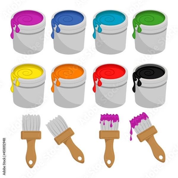 Fototapeta A can of paint and a brush. A large vector set of paints and brushes for repair.