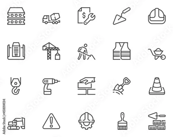 Fototapeta Construction, Building Site, Construction Machinery. Crane, Estimate, Excavator, Concrete Truck. Simple Vector Line Icons. Editable Stroke. 48x48 Pixel Perfect.