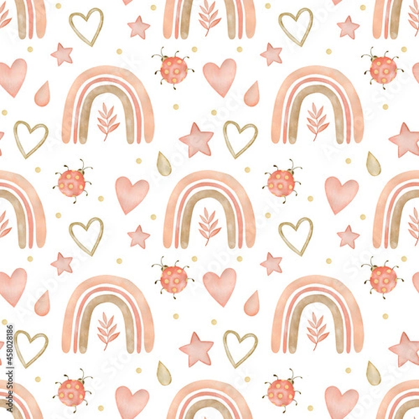 Fototapeta Watercolor seamless pattern, rainbows in boho style on a white background.