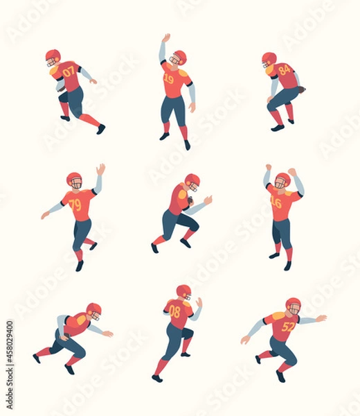 Fototapeta American football players. Isometric persons with ball in dynamic poses sport people playing standing holding running jumping garish vector 3d pictures collection