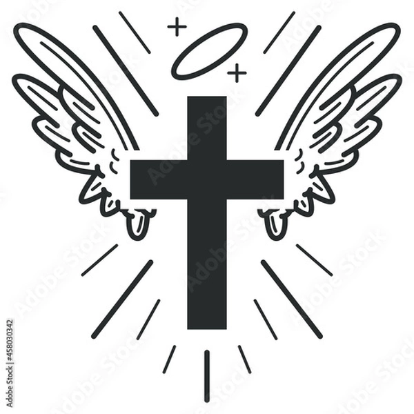 Fototapeta Christian cross with angel wing and halo vector icon isolated on a white background.