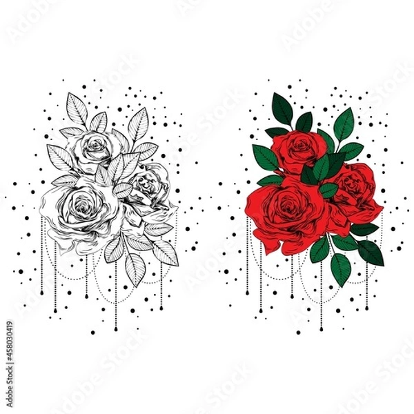 Fototapeta Vintage roses. Set of gothic tattoos. Collection of graphic and color isolated vector illustrations.