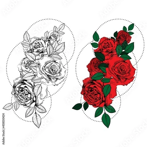 Fototapeta Vintage roses. Set of gothic tattoos. Collection of graphic and color isolated vector illustrations.